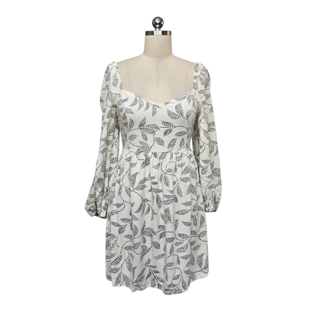 Z Supply White Black Leaf Print Puff Sleeve Smocked Mini Dress ZD241180 Small